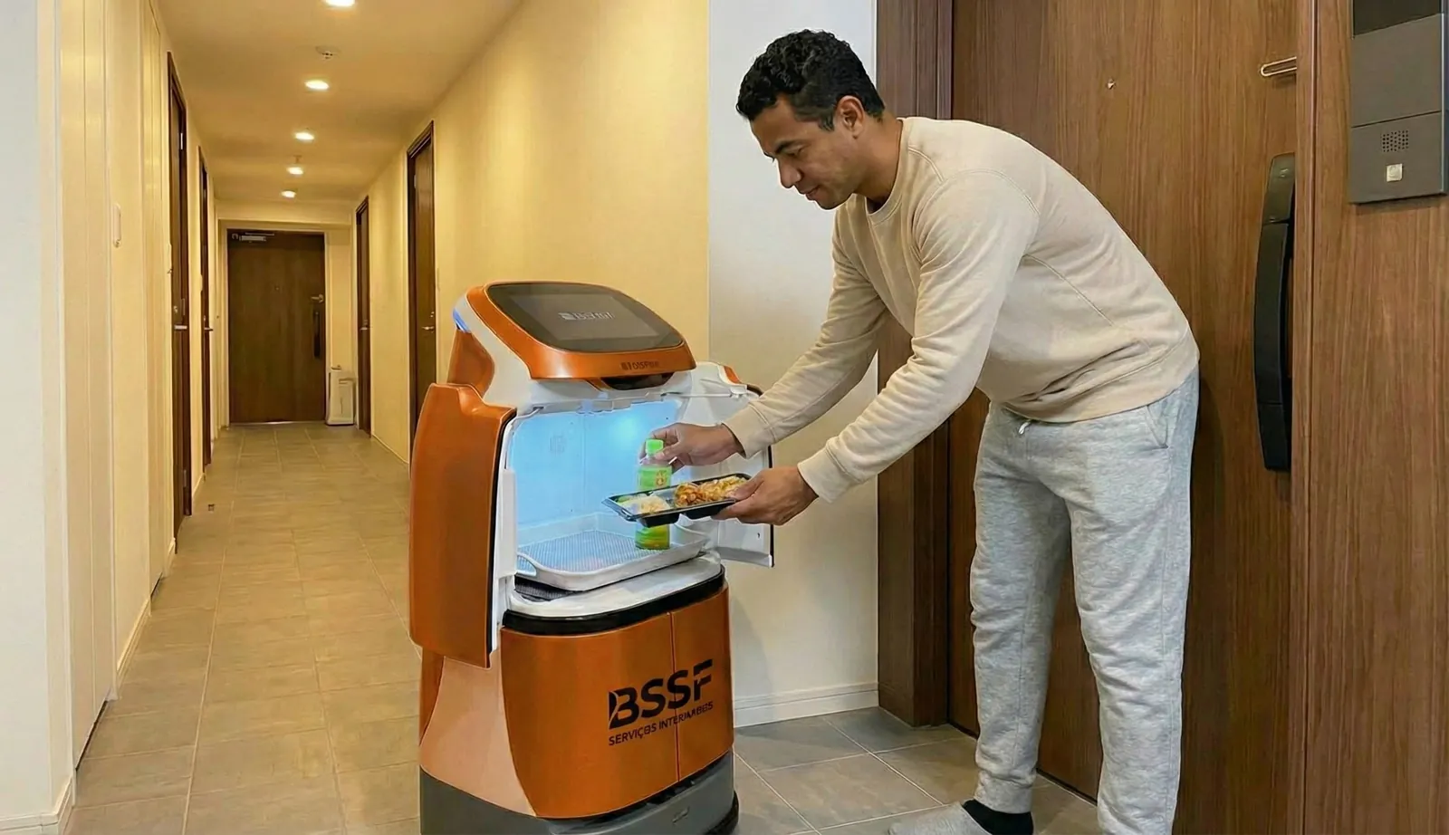 Morador coloca uma marmita e uma bebida no compartimento do robô de entrega BSSF em um corredor de prédio